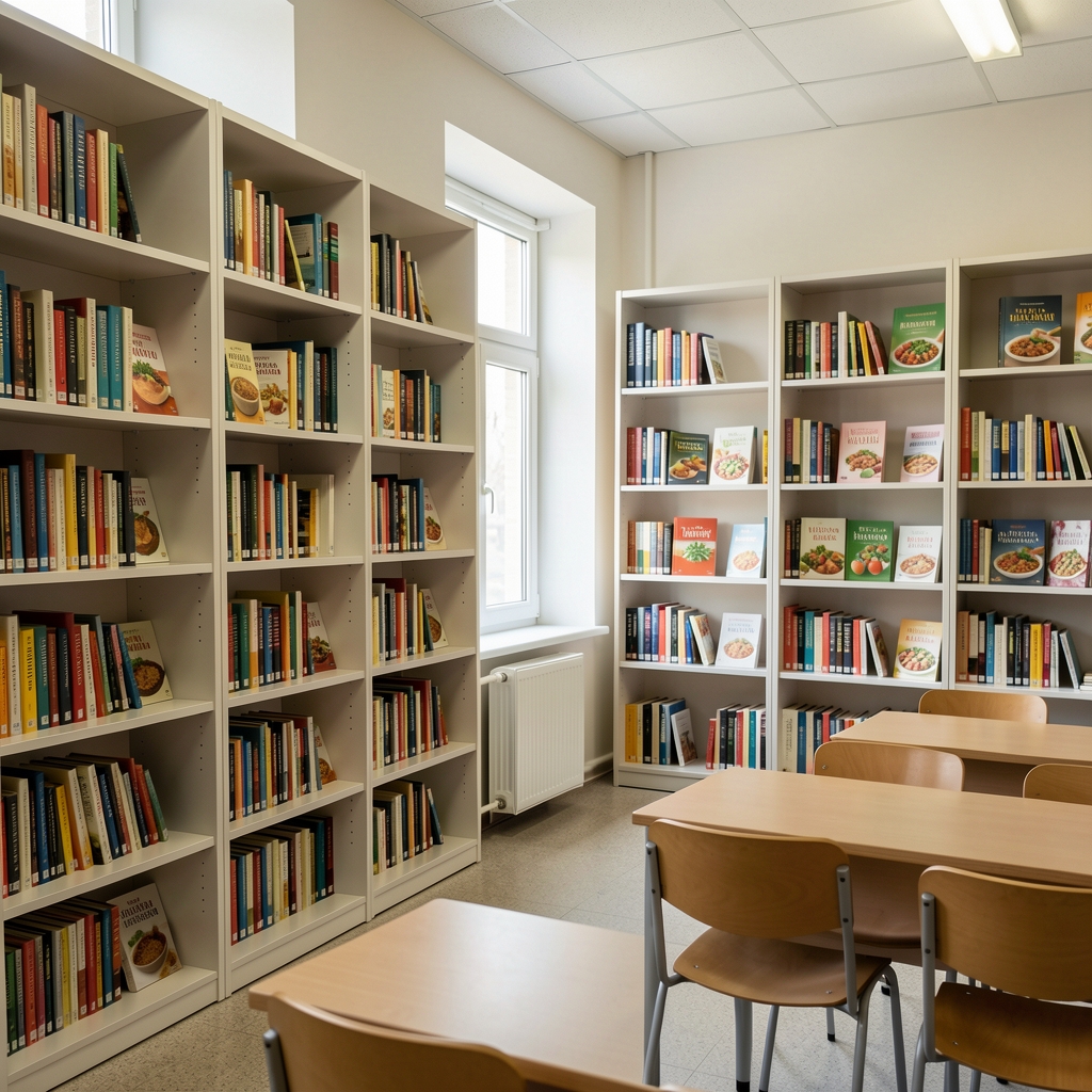 Уредан едукативни радни простор са књигама о исхрани, беле полице и природно осветљење, академска атмосфера