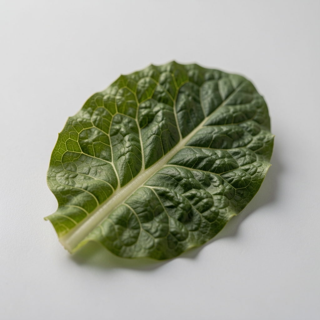 Лист зеленог поврћа у детаљном макро приказу са видљивом структуром влакана, студијско осветљење на светлосивој подлози