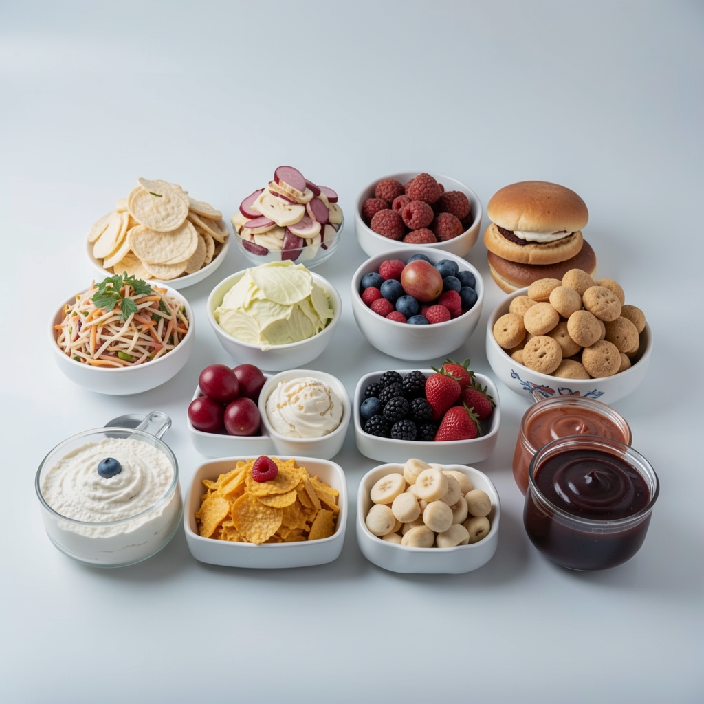 Разноврсне намирнице организоване у правилне редове на светлом фону, топ-виев студијска фотографија са хладним осветљењем